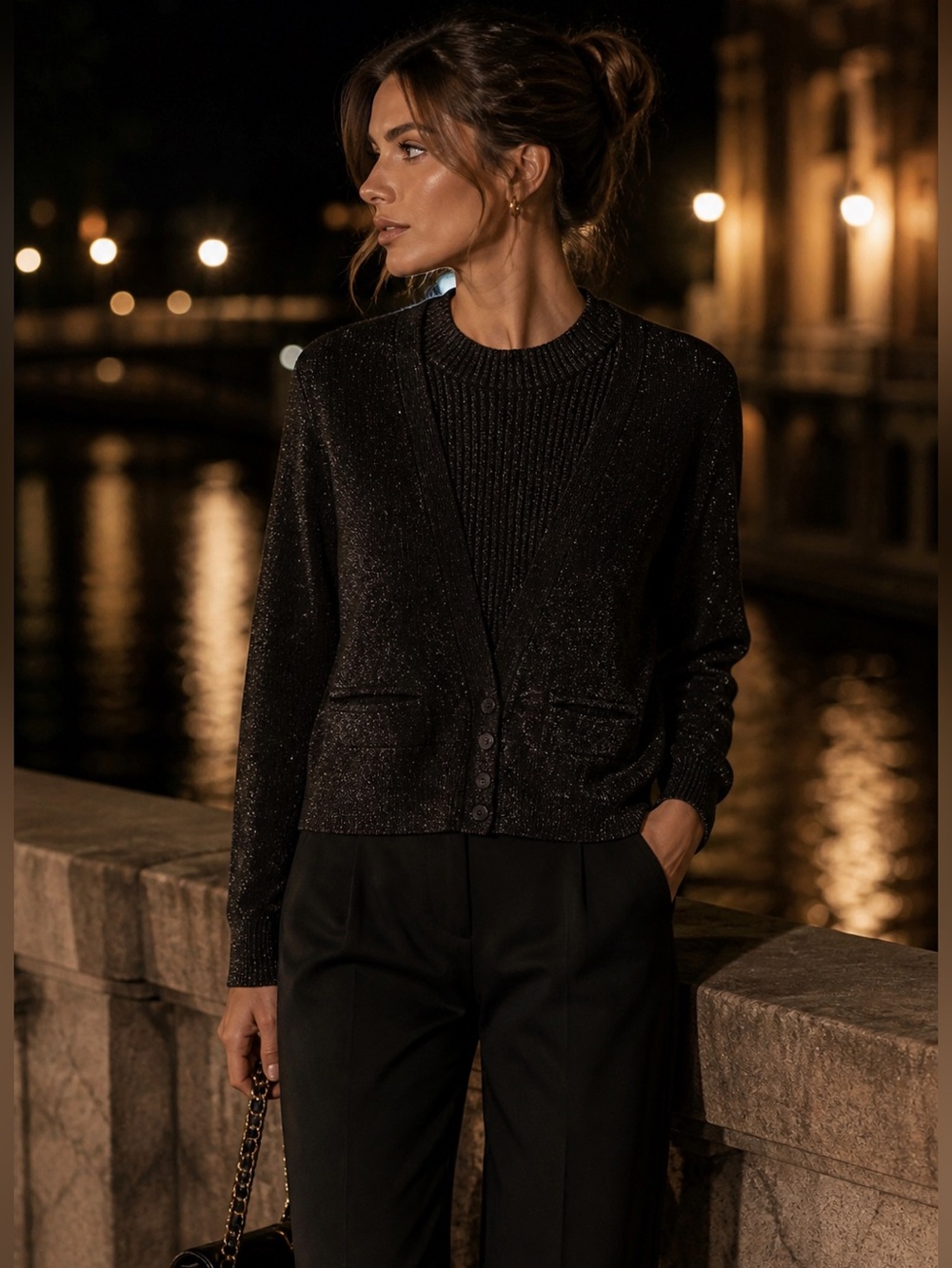 Just Cavalli Metallic Knit Cardigan and Ribbed Turtleneck Sweater